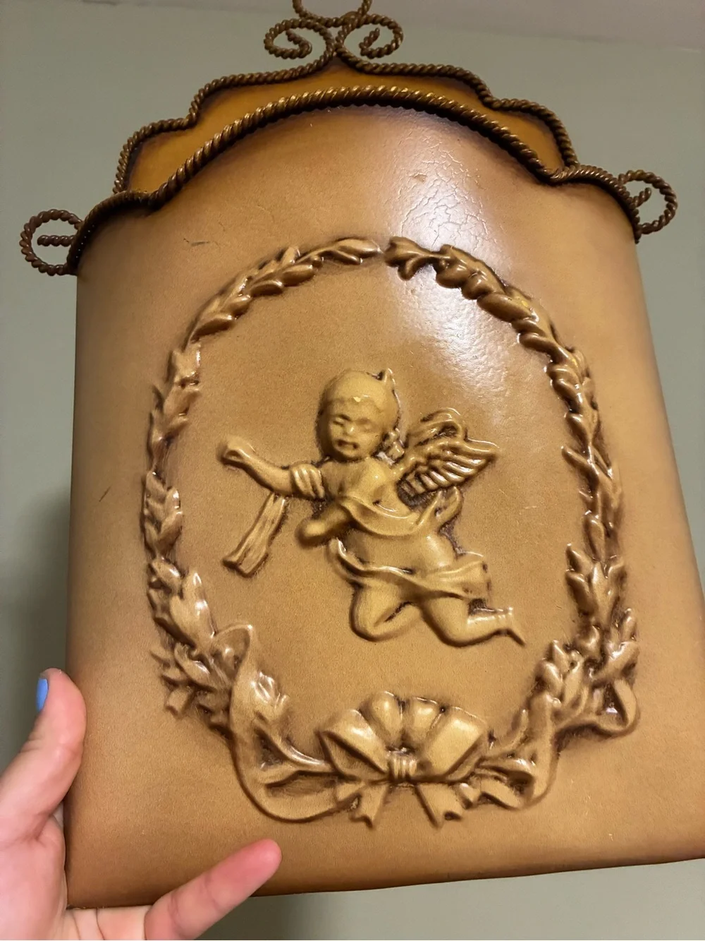 Southern Living At Home Tan Cherub Wall Pocket with Rope Trim